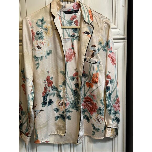 Zara Women's Oriental Japanese Garden Floral Print Satin Shirt Multicolor Small - Picture 11 of 15